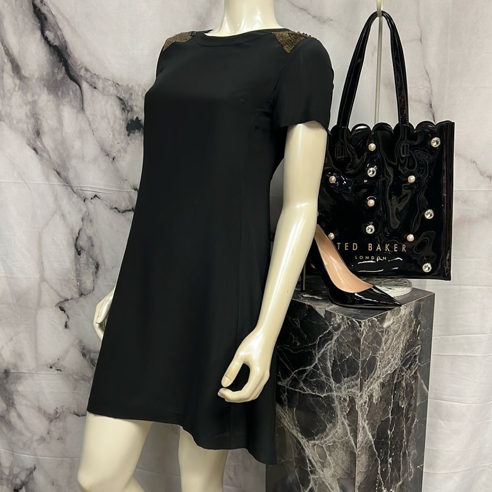 * Madewell black silk shift with bronze sequin shoulders cap sleeve